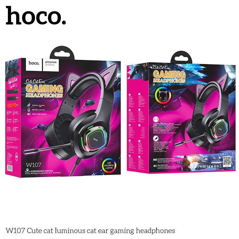Hoco W107 Cute cat luminous cat ear gaming headphones Pink